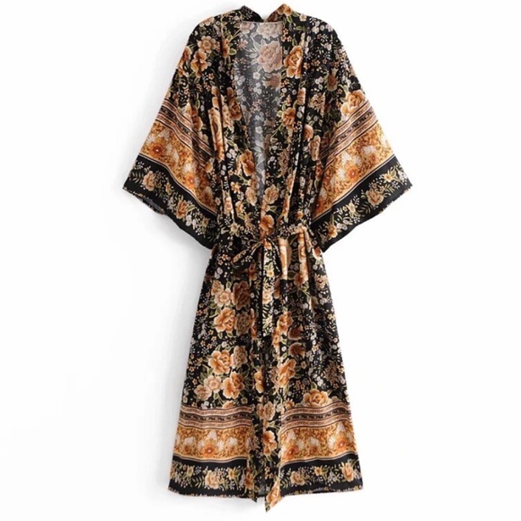 Tops - boho black floral print kimono cover up belted wra